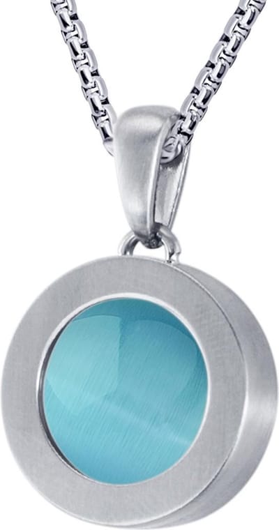 Quiges 12mm Mini Munt Hanger Zilverkleurig RVS Mat met Cat's Eye Blauw Munt en Box Ketting Ankerketting 42-46cm