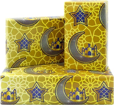 Famanu – Goudkleurig Eid Mubarak Cadeaupapier – 4 Vellen met Halve Maan en Sterpatroon voor Feestelijke Geschenken