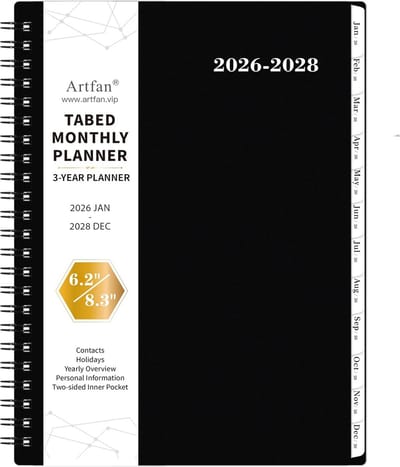 Maandelijkse Planner - Agenda 3 Jaar - Planning Maken - Tabs en Binnenzak - A5 Formaat - Zwart