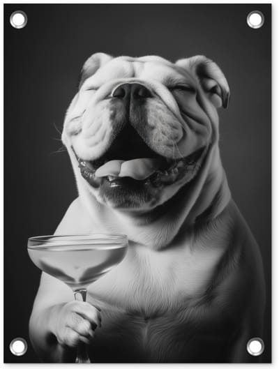 Tuinposter 30x40 cm - Tuindecoratie Buldog - Hond - Glas - Poster voor in de tuin - Buiten decoratie - Schutting tuinschilderij - Tuindoek muurdecoratie - Wanddecoratie balkondoek