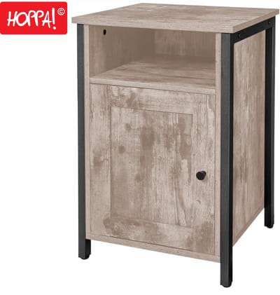 Hoppa! Nachtkastje met open vak, plankje en deurtje – Greige – van houten spaanplaat en staal - 41 x 41 x 61 cm (B x D x H)