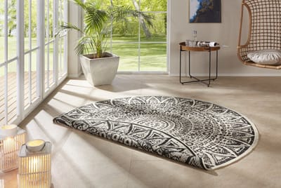 Flycarpets Laagpolig Rond Vloerkleed - Omkeerbaar Binnen en Buitenkleed - Zwart / Creme 200cm rond Ø