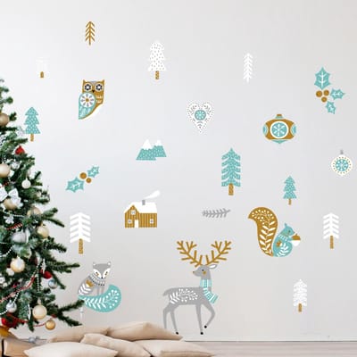 Scandinavische kerststickers met hert en vos - Zelfklevende kerststickers - Feestelijke decoraties - 30x35cm