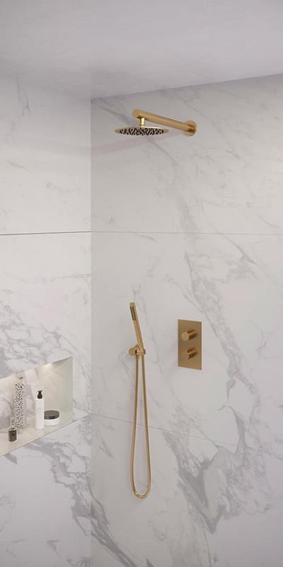 Brauer Gold Edition thermostatische inbouw regendouche 3-weg omstelling SET 25 met 20 cm douchekop en rechte muurarm en staaf handdouche en doucheslang en wandaansluitbocht goud geborsteld PVD