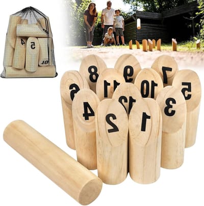 Werpspel Set - Kegelspel Hout - Buiten Spelen - Met Opbergtas - 12 + 1 Cilinders - Bruin