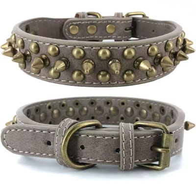 Luxe Leren Hondenhalsband met Studs | Honden Halsband met Gouden Studs | Grijs | Maat S | Premium Studs Hondenhalsband | Petshop Seven®