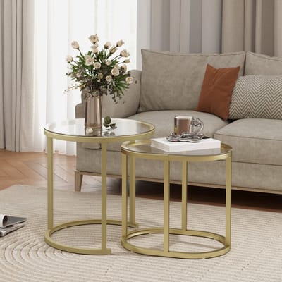 MEUNIQ Salontafel set van 2 rond en ovaal stapelbaar met glazen tafelblad en stalen frame, 60 x 36 x 43,5 cm / Ø 50 x 50,5 cm, goud, woonkamer