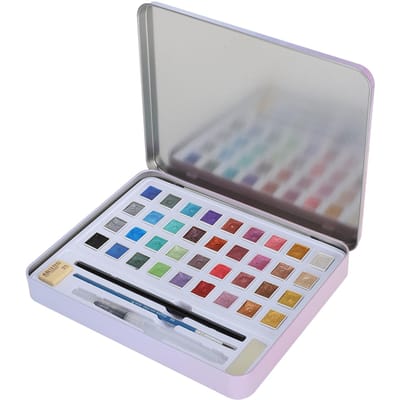 Ensemble de 36 aquarelles nacrées, bloc solide, boîte en fer blanc, outils de peinture, fournitures d'art white