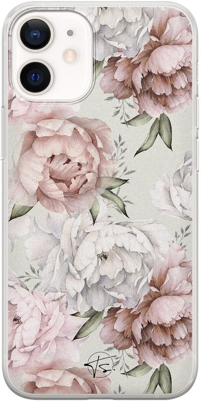 Hoesje geschikt voor iPhone 12 Mini - Klassieke bloemen - Soft Case - TPU - Bloemen - Beige - Mooie Telefoonhoesjes