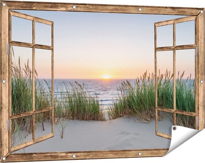 Gards Tuinposter Doorkijk Zee vanuit Duinen met Zonsondergang - 120x80 cm - Tuindoek - Tuindecoratie - Wanddecoratie buiten - Tuinschilderij