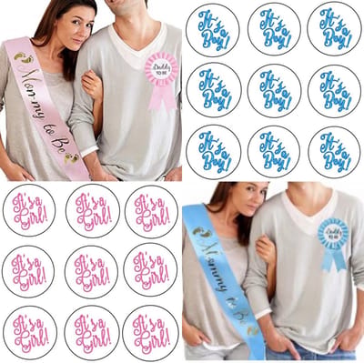 22-delige Genderreveal set met sjerp, rozet, buttons, ballonnen en armbanden - gender reveal - geboorte - baby - zwanger - it's a boy - it's a Girl - button - sjerp
