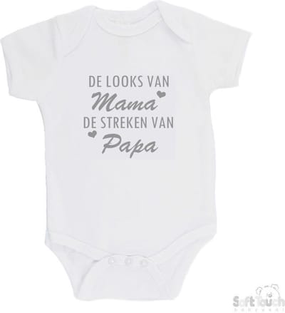 100% katoenen Romper "De looks van mama, De streken van papa" Jongens Katoen Wit/grijs Maat 62/68