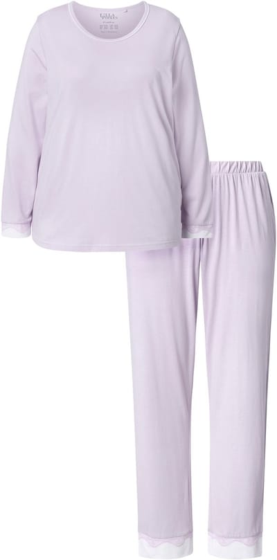 Ulla Popken - Dames - Pyjama kant ronde hals lange mouwen - Lichtpaars - Maat 42+