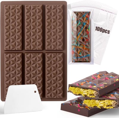Diamantvormige chocoladevormen, diepe siliconen vormen, met 6 bakplaten, antiaanbaklaag, herbruikbaar, BPA-vrij, inclusief schraper en 100 verpakkingszakjes.
