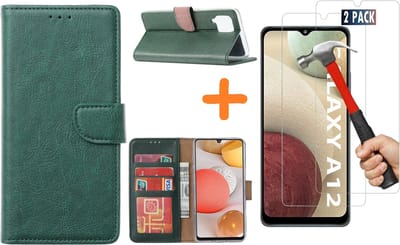 Hoesje Geschikt Voor Samsung Galaxy A12 hoesje wallet case Groen - Galaxy A12 hoesje bookcase Portemonnee- Galaxy A12 Hoesje book cover hoesjes met 2 pack Screenprotector