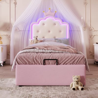MEUNIQ Gestoffeerd kinderbed 90 x 200 cm met lattenbodem, hydraulische opbergruimte en LED sfeerverlichting, prinsessenvorm voor kinderkamer, roze