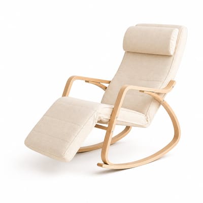 CINK Living® Schommelstoel met Voetensteun – Verstelbare Relaxstoel – Met Hoofdsteun – Houten Frame – Comfortstoel – Beige