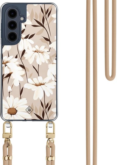 Casimoda® hoesje met beige koord - Geschikt voor Samsung A16 - In Bloom - Afneembaar koord - TPU/polycarbonaat - Bruin/beige