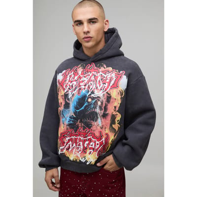 Oversized Boxy Acid Wash Heavy Metal Grafische Versleten Hoodie | Charcoal | Size Small