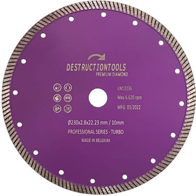 Destructiontools diamantschijf/zaagblad 230mm – voor haakse slijper – beton, steen, baksteen – asgat 22,23 mm | Turbo series