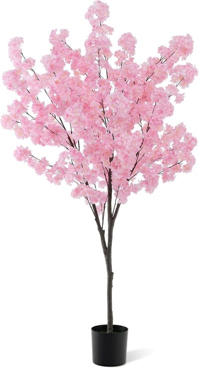 KOMFOTTEU Kunstkersenboom, hoogte 190 cm, met 1170 roze bloemen, cementvulling, kamerplant voor bruiloftsfeest, entree, woonkamer