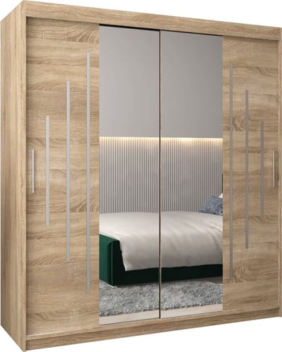 InspireMe - Kledingkast met 2 schuifdeuren, Modern-stijl, Een kledingkast met planken en een spiegel (BxHxD): 180x200x62 - MALTESE I 180 Sonoma Eik