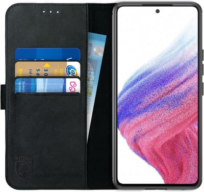Rosso Deluxe Echt Leer Book Case Hoesje Geschikt voor Samsung Galaxy A53 | Ruimte voor drie pasjes | Portemonnee Book Case | Met Pasjeshouder | Zwart