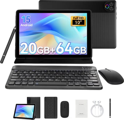 Hotlight 10.1 Inch Tablet - Android 15 Tablet met Toetsenbord - Hoes - Stylus - Muis - 20GB RAM+64GB ROM - 5G Wifi 6 - Bluetooth 5.3 - 5000mAh - Zwart