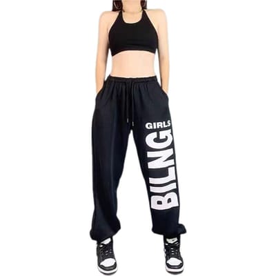 Dames Sportbroek Effen Kleur Letterprint Wijde Pijpen Joggingbroek Elastische Taille Verstelbare Maat Trekkoord Hip Hop Stijl Dansbroek M zwart