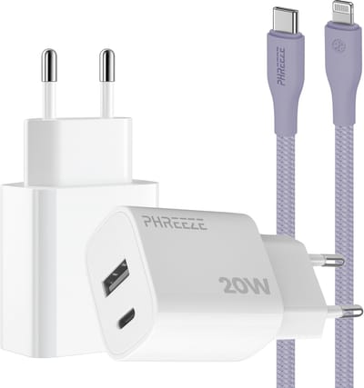 Phreeze usb C adapter 20 W paars met kabel geschikt voor iPhone 15 14 13 en iPad met Lightning kabel - Power Delivery snellader met 2 poorten
