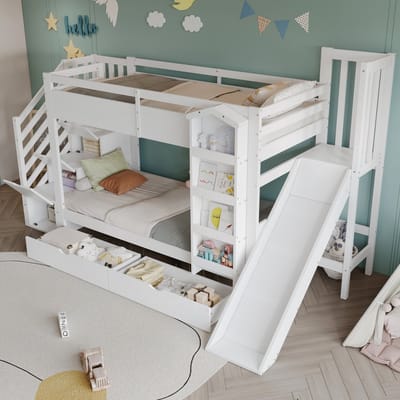 DESMIU Stapelbed 90x200cm - Kinderbed Met Leesplank, Speelglijbaan En Trappenkast Met Opbergruimte - Voor Kinderkamer - Massief Hout En Mdf - Wit - Zonder Matras
