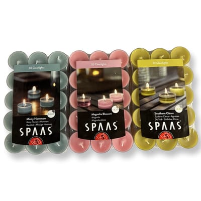 SPAAS 90 Clearlights Geurkaars, theelichten in transparante cup, ± 4,5 uur - Voordeelpack 90 stuks - 3 geuren x 30 stuks