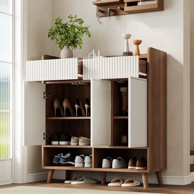 Clruro Schoenenkast 90 x 35 x 100 cm - 3 Deuren, 2 Lades en Schoenopberging - Houtlook/Wit