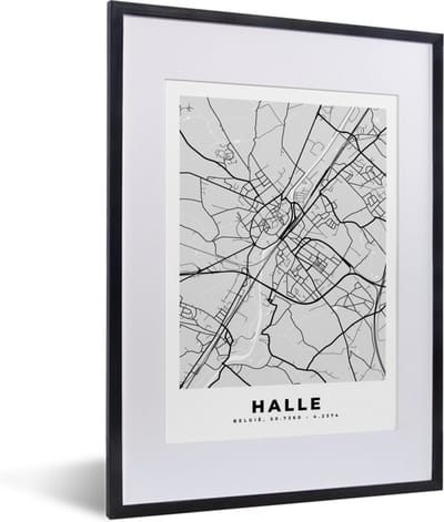 Fotolijst incl. Poster Zwart Wit- België – Halle – Stadskaart – Kaart – Zwart Wit – Plattegrond - 30x40 cm - Posterlijst