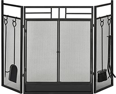 Grote 2-in-1 firewall voor open haard of kachel met accessoires - Zwart metaal