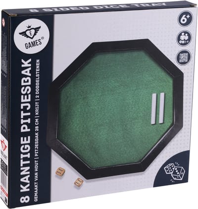 Pitjesbak 8-hoekig 28 cm - Houten Speelbak - Ingelegd Groen Vilt - Inclusief Krijtjes & 2 Dobbelstenen - Engelhart