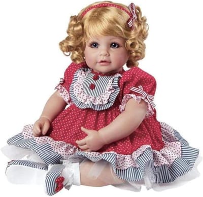 Peuter pop - Baby pop - Knuffelen spelen - Zacht vinyl met babypoedergeur - 51 cm - Blauw rood wit