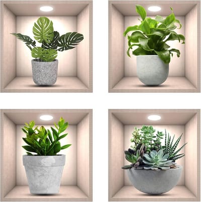 Realistische 3D Wandstickers van Groene Planten, 4 Stuks Waterdicht en Verwijderbaar voor Woonkamer, Slaapkamer, Badkamer en Keuken Decoratie