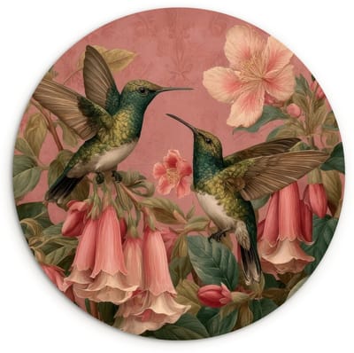 WallCircle® Wandcirkel 120x120 cm - Muurcirkel Kolibries - Bloemen - Groen - Roze - Muurdecoratie woonkamer - Wanddecoratie slaapkamer - Kamer decoratie accessoires - Ronde schilderijen XXL