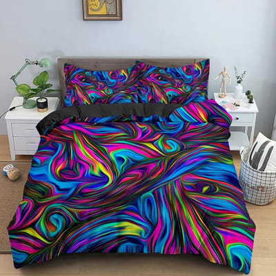Parure de lit imprimée géométrique en 3D douce pour lit simple, king size, double, psychédélique, motif abstrait 3D, housse de couette en polyester, 2/3 pièces EU single(135x200cm)