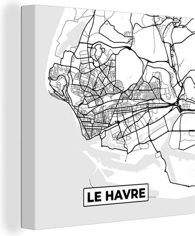 Canvas Schilderij Kaart - Stadskaart - Le Havre - Frankrijk - Plattegrond - Zwart wit - 20x20 cm - Wanddecoratie
