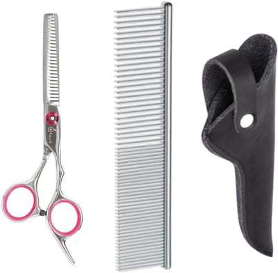 Professor Q – Professionele Effileerschaar – Roze – Premium RVS Uitdunschaar – Voor Kapper & Thuisgebruik met Luxe Lederen Etui – 16,5 cm – Zwart + Anti-Klit Kam – Pijnloos & Huisdiervriendelijk