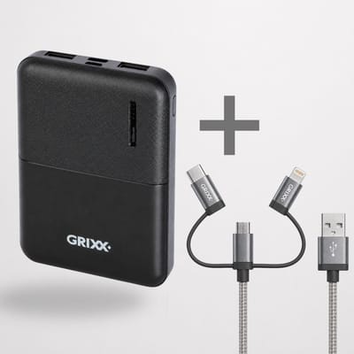 GRIXX Powerbank Bundel 5000 mAh met 3-in-1 Kabel – USB-C, Lightning & Micro USB – MFI-gecertificeerd – 3 Apparaten Tegelijk Opladen – Grijs