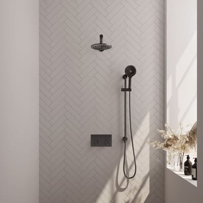 Brauer Gunmetal Edition thermostatische inbouw regendouche met drukknoppen SET 67 met 20 cm douchekop en rechte muurarm en 3-standen handdouche en doucheslang en geïntegreerde glijstang gunmetal geborsteld PVD