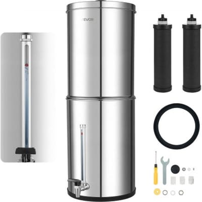 VEVOR Gravity Waterfiltersysteem 12,3 L, Roestvrij Staal 304, Vermindert Lood en tot 99% Chloor, met 2 Actieve Koolstoffilters, Waterniveau-Indicator, voor Thuis en Kamperen