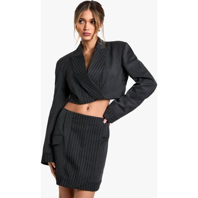 boohoo Dames Tailored Pinstripe Pocket Detail Mini Skirt | Charcoal | Maat: Small