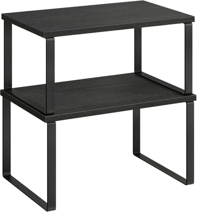 Famanu - Kruidenrek, set van 2, kastorganizer, uitbreidbaar keukenopbergrek, stapelbaar kruidenrek, metaal, bewerkt hout, inktzwart en boszwart KCS02B01