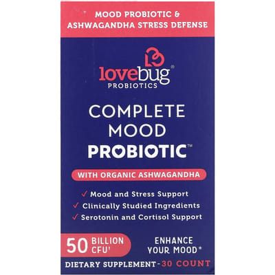 LoveBug Probiotics, Probiotique Complet pour l'Humeur avec Ashwagandha Bio, 50 Milliards d'UFC, 30 Comprimés