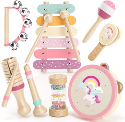 Houten Muziekinstrumenten Set voor Kinderen, Montessori Speelgoed met Maracas, Xylofoon en Tambourine voor 1-3 Jaar Oud