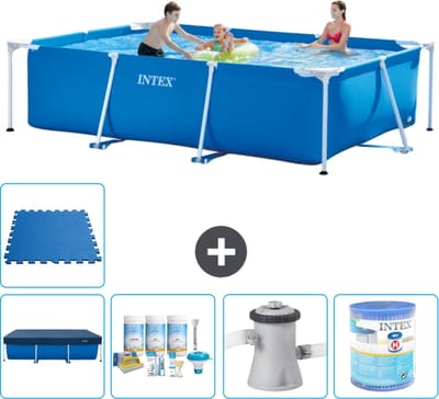 Intex Rechthoekig Frame Zwembad - 300 x 200 x 75 cm - Blauw - Inclusief Afdekzeil - Onderhoudspakket - Zwembadfilterpomp - Filter - Vloertegels - 6-delig